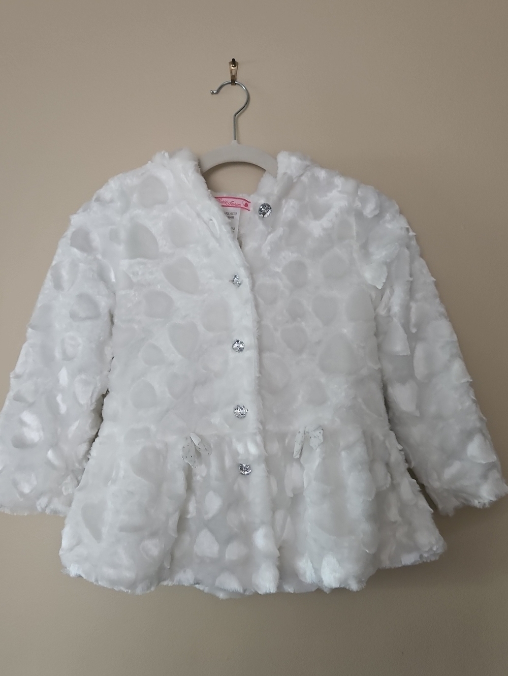 Girls' White Faux Fur Peplum Coat - Sparkle Button Jacket With Hood